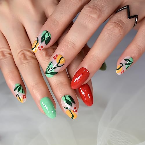 Glossy Press On Nails Pre-design Red Green False Nails with Summer Leaf Pattern Medium Length Oval Women Girls Gel Nail Art Tips Salon DIY Manicure Reusable Acrylic Fake Nails for Daily Office Home - Image 2
