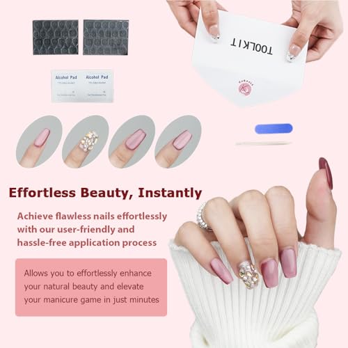 Glue Fake Press on Nails Short - Press on Nails for Women, Short Fake Nails Stick Glue on Nails Coffin, Burgundy Classy Acrylic Artificial Nail Gift for Women/Adult Party-Radiant Bijoux(M) - Image 4
