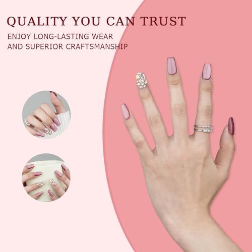Glue Fake Press on Nails Short - Press on Nails for Women, Short Fake Nails Stick Glue on Nails Coffin, Burgundy Classy Acrylic Artificial Nail Gift for Women/Adult Party-Radiant Bijoux(M) - Image 2
