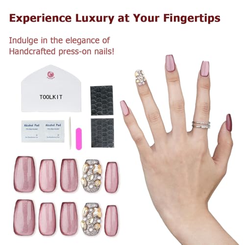 Glue Fake Press on Nails Short - Press on Nails for Women, Short Fake Nails Stick Glue on Nails Coffin, Burgundy Classy Acrylic Artificial Nail Gift for Women/Adult Party-Radiant Bijoux(M) - Image 9