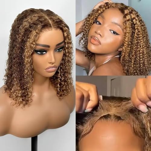 Glueless Bob Wig Human Hair 4/27 Honey Blonde Wear and Go Glueless Wig Human Hair Pre Plucked Pre Cut Highlight Ombre Deep Wave Lace Front Wig 4x4 Closure Wigs Human Hair for Women
