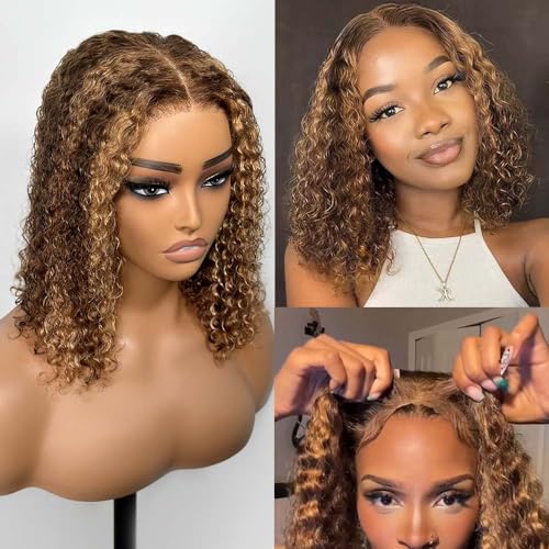 Glueless Bob Wigs Human Hair Pre Plucked Pre Cut Honey Blonde Curly Human Hair Wig for Black Women Highlight Ombre Deep Wave 5x5 HD Lace Closure Wigs with Elastic Band (12 Inch)