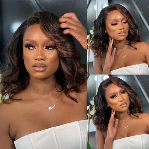 Glueless Ombre Blonde Human Hair 13x6 HD Lace Front Wigs for Women 14 Inch Two Tone 1B/33 Highlight Brown 30# Color Body Wave Human Hair Wigs with Baby Hair Middle Parting - Image 2
