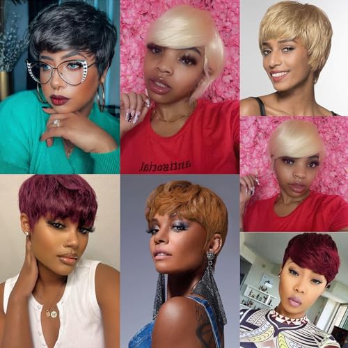 Glueless Wear and Go Wig Pixie Cut Short Human Hair Wigs for Black Women Full Machine Wigs 150% Density Layered Wavy Style Wigs with Bangs (99J) - Image 6