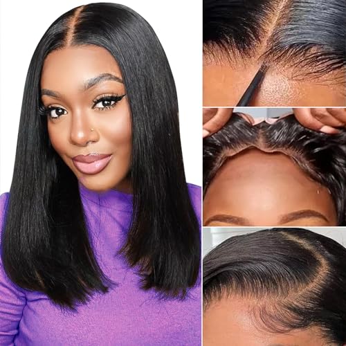 Glueless Wigs Human Hair Pre Plucked Pre Cut Bob Wig Human Hair Glueless Wig 4x4 Lace Closure Wigs Straight Short Natural Black Bob Wigs for Women 14 Inch