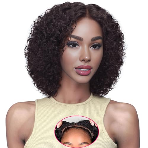 Glueless Wigs Human Hair Pre Plucked Pre Cut, Deep Wave Lace Front Wear and Go Glueless Wig Human Hair, T Part HD Lace 180% Density Afro Curly Wig For Black Women Dark Brown 12 Inch.