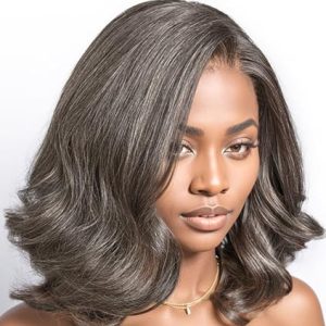 Glueless Wigs Human Hair Salt And Pepper Wigs for Black Women 5x5 Lace Front Wig Loose Wave Pre Cut Pre Plucked Natural Hairline Lace Closure Grey Short Bob Wigs 10 Inch