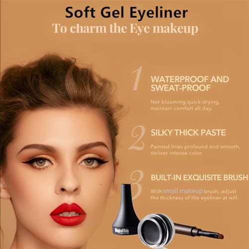 Go Ho Waterproof Gel Eyeliner Pot,Smudge proof &Long Lasting Black Eyeliner,High Pigment Smooth Cream Eyeliner Gel with Brush,Easy to Apply Eyebrow Gel Pot,1#Dark Black - Image 3