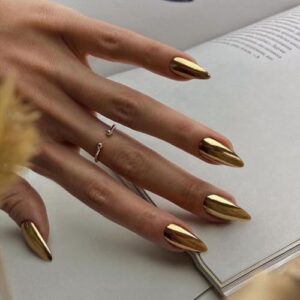 Gold Chrome Press on Nails Medium Almond,KQueenest Mirror Metal Stiletto Fake Acrylic Nails with Bling Design,Glue on Nails for Daily Party Wear,False Nails Press ons in24 PCS