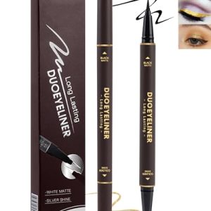 Gold Glitter Liquid Eyeliner & Black Matte Liner Pen-Double Eyeliner Pencil,Metallic Shimmer Sparkling Eye Liner Eyeshadow Makeup,Long Lasting High Pigmented Waterproof Smudgeproof Liner Pen for Women