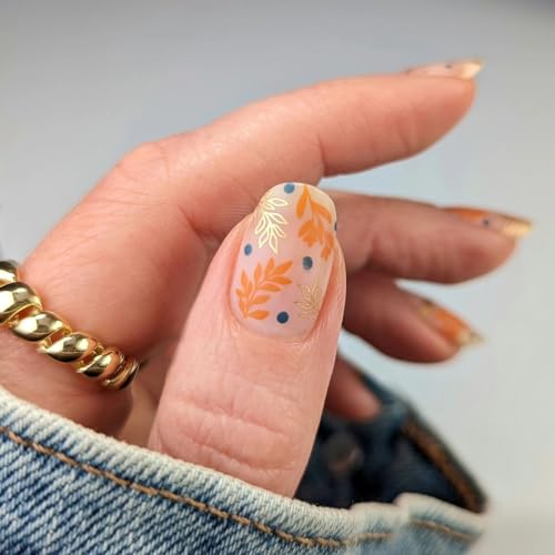 Gold Leaf Press on Nails Autumn Short Acrylic Square Fake Nail, Blue Full Cover False Nails Matte Stick on Nails for Women Girls Manicure Decorations 24Pcs - Image 2