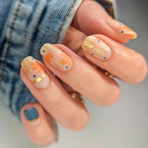 Gold Leaf Press on Nails Autumn Short Acrylic Square Fake Nail, Blue Full Cover False Nails Matte Stick on Nails for Women Girls Manicure Decorations 24Pcs - Image 3