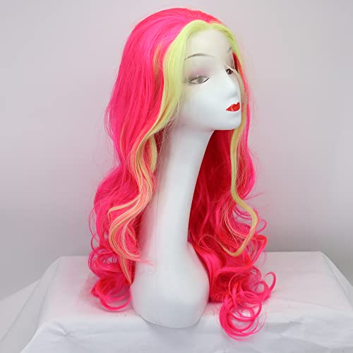 Golden Yellow Highlight Pink Long Wavy Synthetic Lace Front Wig for Women 24-inch - Image 2