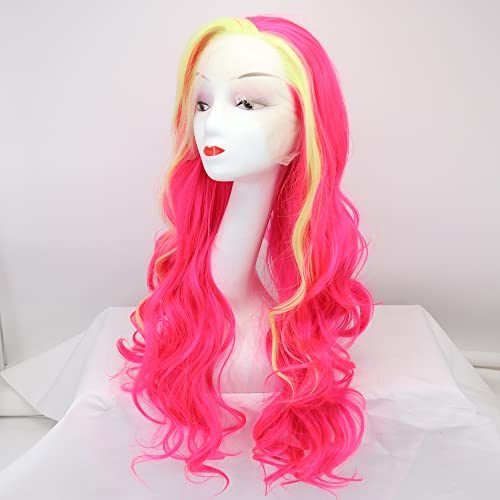 Golden Yellow Highlight Pink Long Wavy Synthetic Lace Front Wig for Women 24-inch - Image 3