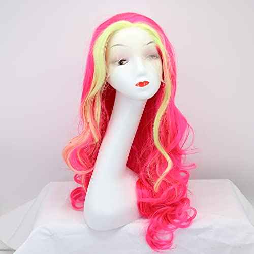 Golden Yellow Highlight Pink Long Wavy Synthetic Lace Front Wig for Women 24-inch - Image 4