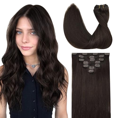 GOO GOO Clip in Hair Extensions Real Human Hair, 18inch 120g 7Pcs, 2A Light Brown, Remy Human Hair Extensions Clip ins for Women, Natural Human Hair