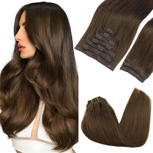GOO GOO Clip in Hair Extensions Real Human Hair, 20inch 150g 9Pcs, 4A Chocolate Brown, Remy Human Hair Extensions Clip ins for Women, Natural Human Hair