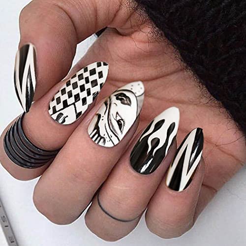 Gothic Black Fire Printed Medium Stiletto Halloween Press on Nails 24 Pieces