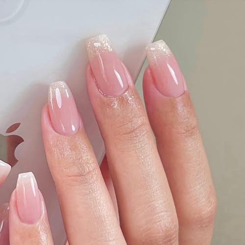 Gradient Pink Glitter Press on Nails Short Medium Square,Xcreando Pink Fake Nails Glue on,Artificial Nails Medium Length Coffin,T-shape Acrylic Nails False Nails for Women in 24PCS - Image 3