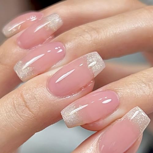 Gradient Pink Glitter Press on Nails Short Medium Square,Xcreando Pink Fake Nails Glue on,Artificial Nails Medium Length Coffin,T-shape Acrylic Nails False Nails for Women in 24PCS - Image 4