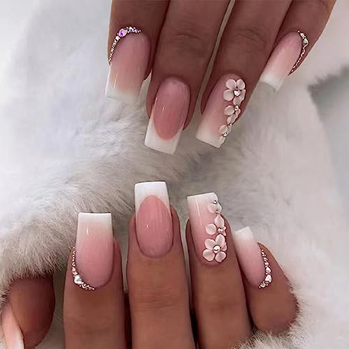 Glossy Medium Square Pink Gradient Press-On Nails with Flower Rhinestones Full Cover