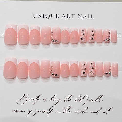 Glossy Medium Square Pink Gradient Press-On Nails with Flower Rhinestones Full Cover - Image 3