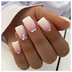 Gradient Pink Press on Nails Short Glossy Fake Nails Milky White False Nails with Rhinestones Designs Glue on Nails Artificial Acrylic Nails Office Home Square Stick on Nails for Women Girls