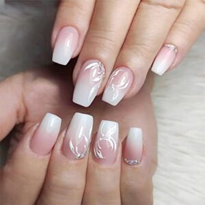 Medium Length Pink White Gradient Ballerina Acrylic Press On Nails with White Petals and Rhinestones