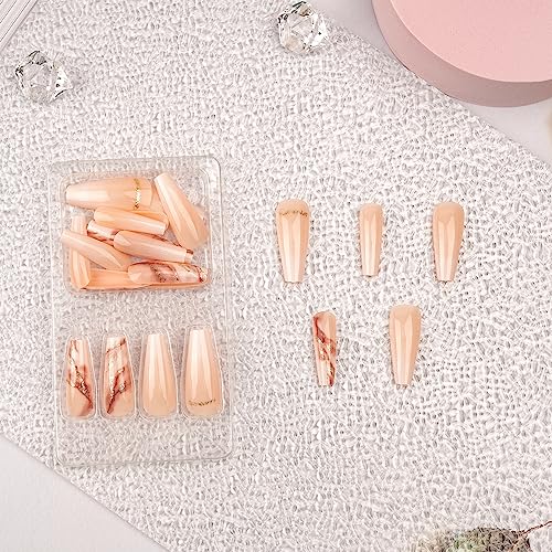 Gradient Press on Nails Long Coffin Nude Fake Nails with Tree Branch Designs False Nails-24Pcs - Image 4
