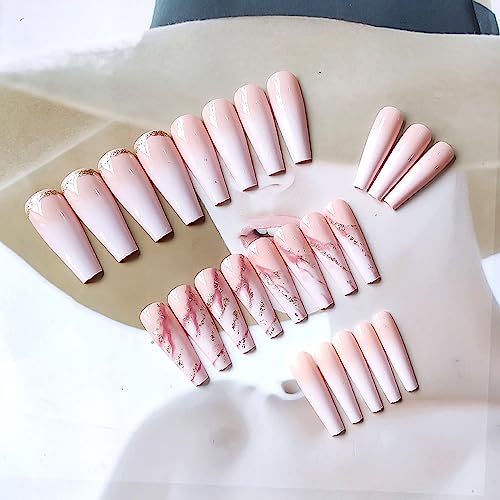 Gradient Press on Nails Long Coffin Nude Fake Nails with Tree Branch Designs False Nails-24Pcs - Image 2