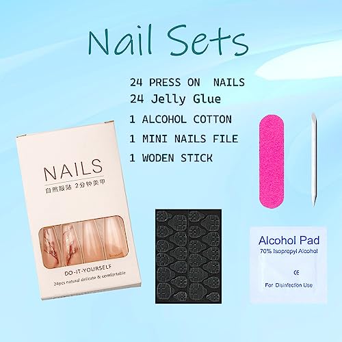 Gradient Press on Nails Long Coffin Nude Fake Nails with Tree Branch Designs False Nails-24Pcs - Image 5