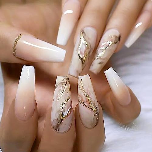Gradient Press on Nails Long Coffin Nude Fake Nails with Tree Branch Designs False Nails-24Pcs
