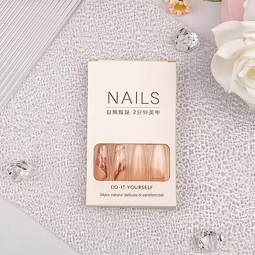 Gradient Press on Nails Long Coffin Nude Fake Nails with Tree Branch Designs False Nails-24Pcs - Image 3