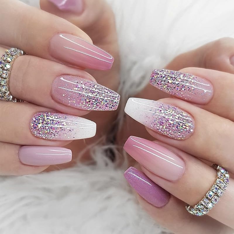 Medium Long Coffin Ombre Glitter Press On Nails 24 Piece Set for Women