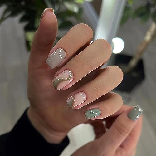 Gray Green Solid Color Press on Nails Medium Coffin Nails Wavy Stripe Artificial Fake Nails Glossy Full Cover False Nails with Glue on Nails Reusable Stick on Nails for Women DIY Charm Manicure