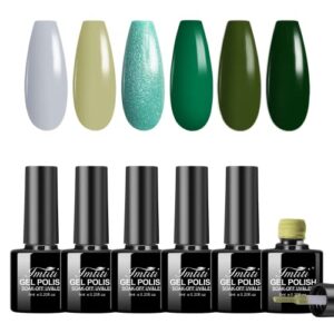 Green Gel Nail Polish Set - 6 Colors 3 IN 1 One Step Gel Polish Kit Misty Gray Dark Green Gel Polish Kit Soak Off LED Nail Lamp Gel Nail Kit DIY Home Halloween Christmas Nails Manicure Gifts for Women