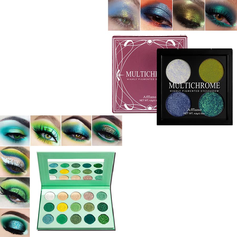 Green Glitter Eyeshadow Palette Green Chrome Multichrome Eyeshadow Pigmented, Afflano Chameleon Yellow Blue Forest Emerald Green Eye Shadow Makeup Palettes, Grinch Green Christmas Halloween Makeup Set
