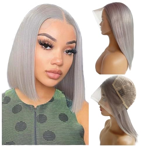 Grey Bob Human Hair Wig 13x4 Lace Front 180% Density Glueless Silver Wig Women