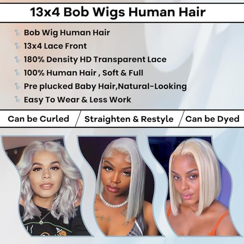 Grey Bob Human Hair Wig 13x4 Lace Front 180% Density Glueless Silver Wig Women - Image 5