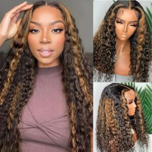 haha Black Brown Highlight Curly Lace Front Wig Human Hair Water Wave Ombre Lace Front Wig Pre Plucked 13x6x1 T Part Lace Frontal Wig Colored Honey Blonde 150% Density #FB30 Glueless 26 Inch