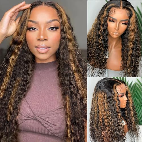 haha Black Brown Highlight Curly Lace Front Wig Human Hair Water Wave Ombre Lace Front Wig Pre Plucked 13x6x1 T Part Lace Frontal Wig Colored Honey Blonde 150% Density #FB30 Glueless 26 Inch