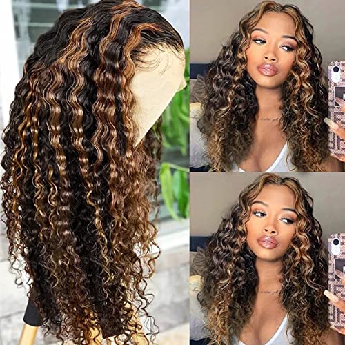haha Black Brown Highlight Curly Lace Front Wig Human Hair Water Wave Ombre Lace Front Wig Pre Plucked 13x6x1 T Part Lace Frontal Wig Colored Honey Blonde 150% Density #FB30 Glueless 26 Inch - Image 2
