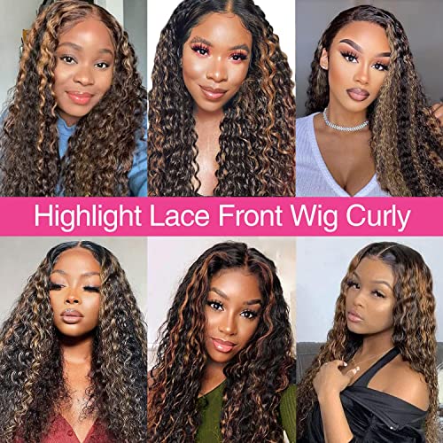 haha Black Brown Highlight Curly Lace Front Wig Human Hair Water Wave Ombre Lace Front Wig Pre Plucked 13x6x1 T Part Lace Frontal Wig Colored Honey Blonde 150% Density #FB30 Glueless 26 Inch - Image 7
