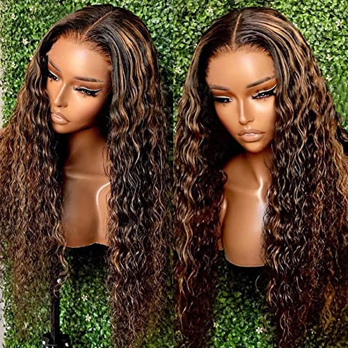 haha Black Brown Highlight Curly Lace Front Wig Human Hair Water Wave Ombre Lace Front Wig Pre Plucked 13x6x1 T Part Lace Frontal Wig Colored Honey Blonde 150% Density #FB30 Glueless 26 Inch - Image 6