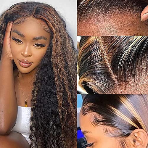 haha Black Brown Highlight Curly Lace Front Wig Human Hair Water Wave Ombre Lace Front Wig Pre Plucked 13x6x1 T Part Lace Frontal Wig Colored Honey Blonde 150% Density #FB30 Glueless 26 Inch - Image 3