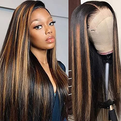 Brown Highlight Lace Front Wig 24 Inch Straight Ombre Human Hair Glueless 4x4 Closure 150% Density
