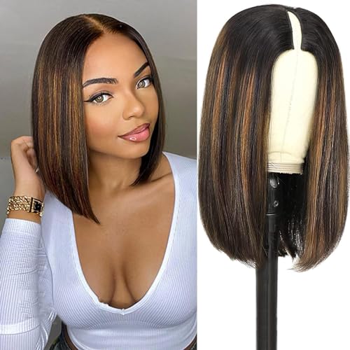 haha V Part Ombre Bob Wig Human Hair Honey Blonde Highlights 12 Inch + Curly Brown Highlight Bob Wig Human Hair Lace Front 12 Inch - Image 2