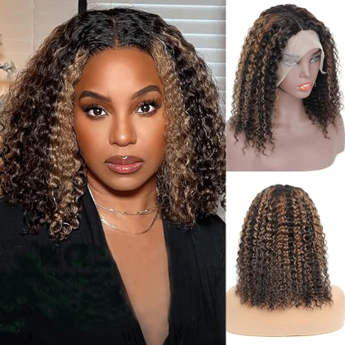 haha V Part Ombre Bob Wig Human Hair Honey Blonde Highlights 12 Inch + Curly Brown Highlight Bob Wig Human Hair Lace Front 12 Inch - Image 3