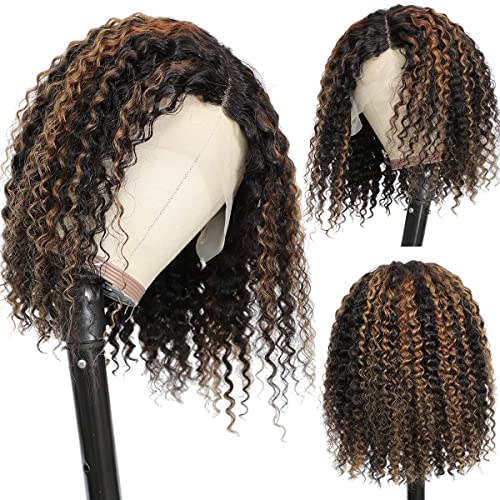 haha V Part Ombre Bob Wig Human Hair Honey Blonde Highlights 12 Inch + Curly Brown Highlight Bob Wig Human Hair Lace Front 12 Inch - Image 7