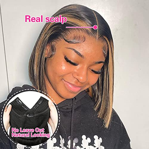 haha V Part Ombre Bob Wig Human Hair Honey Blonde Highlights 12 Inch + Curly Brown Highlight Bob Wig Human Hair Lace Front 12 Inch - Image 4